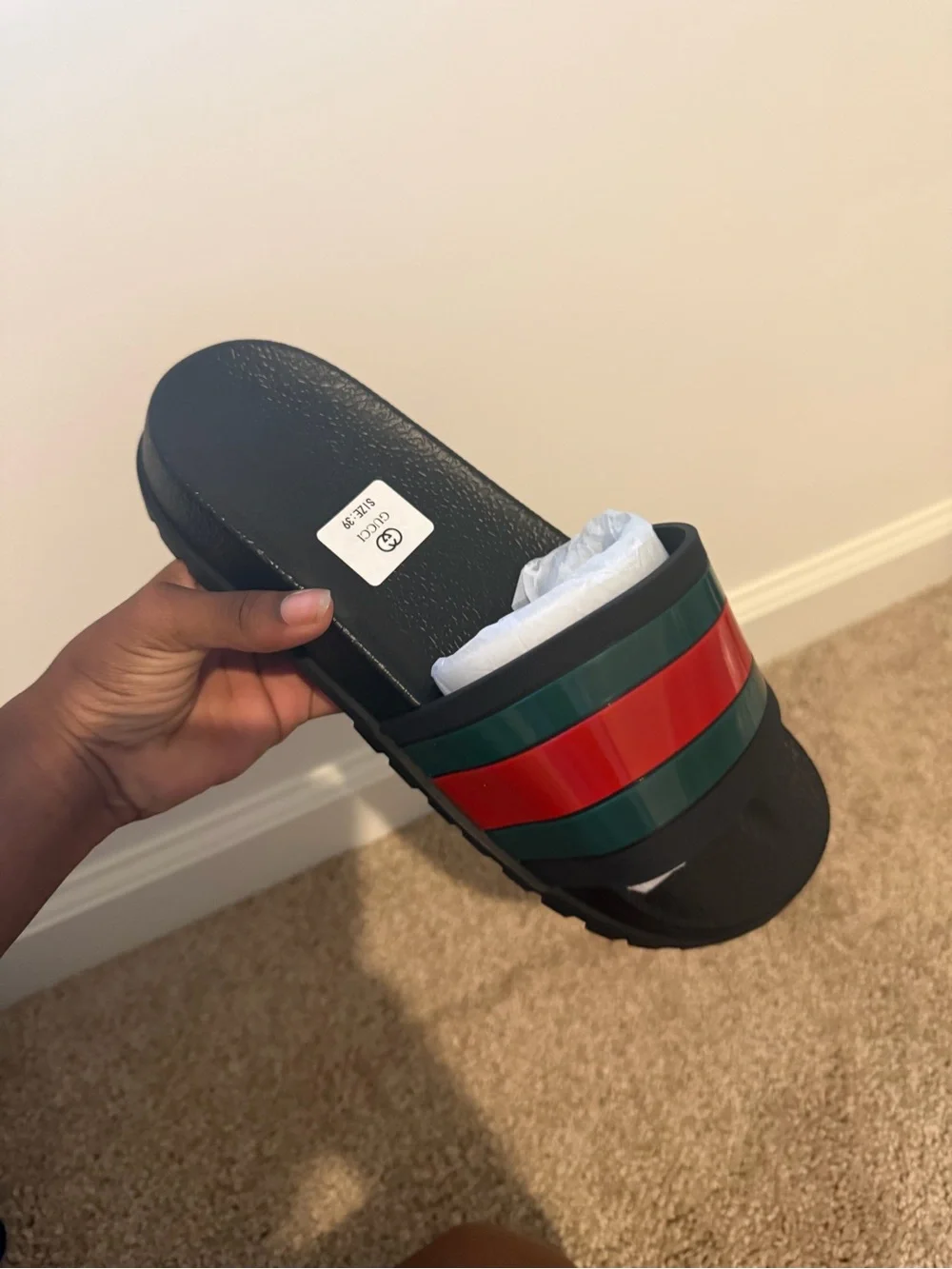 Gucci Black Slide Sandal with Red and Green Stripes